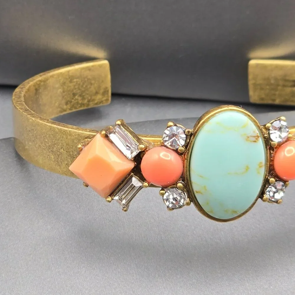 J Crew Antique Gold Tone Cuff Bracelet Faux Coral & Turquoise Stones Rhinestones - Picture 3 of 9